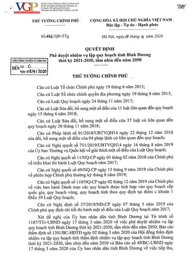 Phê duyệt nhiệm vụ lập quy hoạch tỉnh Bình Dương thời kỳ 2021-2030, tầm nhìn 2050